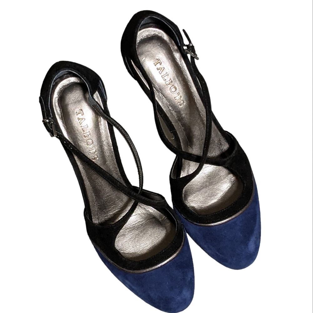 Talbots criss cross strappy 2 color heels pumps blue black size 7.5B - Picture 11 of 11